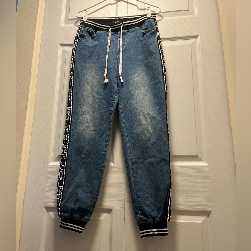 bebe Denim Blue Joggers with Black and White Accents